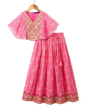 Pine Kids Woven Half Sleeves Floral
                      Embroidered Choli & Lehenga Set - Pink