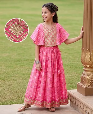 Pine Kids Woven Half Sleeves Floral
                              Embroidered Choli & Lehenga Set -
                              Pink