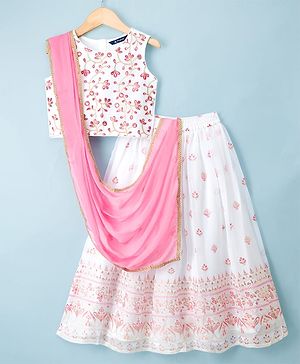 Pine Kids Woven Sleeveless Floral & Sequin Embroidered Choli Lehenga Set with Dupatta - White