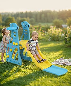 Babyhug 2-in-1 Penguine Slide With Basketball Hoop - Yellow & Blue| Smooth Slide Slide with Extended Landing| Indoor & Outdoor Active Play| Improves Motor Skills, Balance & Coordination| BIS Certified