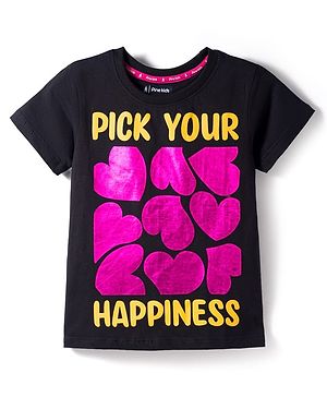 Pine Kids Cotton Knit Half Sleeves T-Shirt With Heart Print - Black