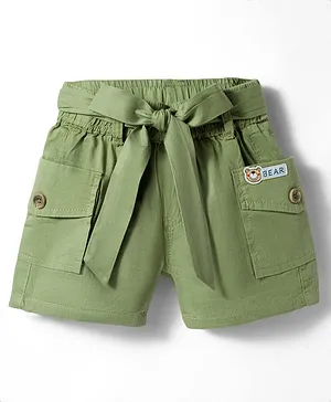 Olio Kids Cotton Knit Above Knee
                              Length Shorts With Teddy Bear Patch &
                              Belt - Olive Green