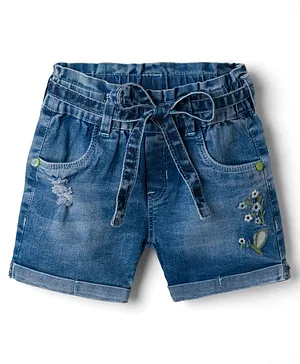 Olio Kids Knit Above Knee Length
                              Denim Shorts with Text Print - Light Blue
