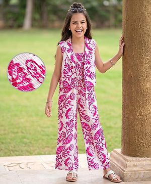 Pine Kids Viscose Woven Sleeveless Floral Printed Co-Ords  Indo Western Set - Pink & White