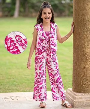 Pine Kids Viscose Woven Sleeveless
                              Floral Printed Co-Ords Indo Western Set -
                              Pink & White