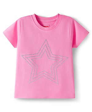 Babyhug Cotton Knit Half Sleeves Rhinestone Star Design Top -Pink