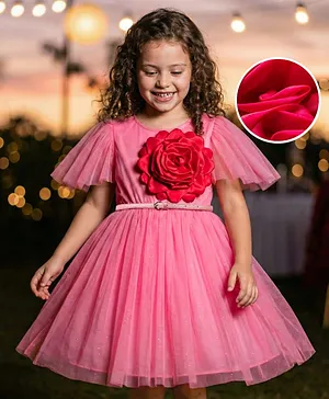 Hola Bonita Knit Half Sleeves Glitter
                              Mesh Party Dress With Floral Applique
                              & Belt - Pink