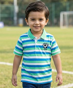 Babyhug Cotton Knit Half Sleeves Striped Polo T-Shirt with Football Player of the Year Embroidery - White Blue & Green