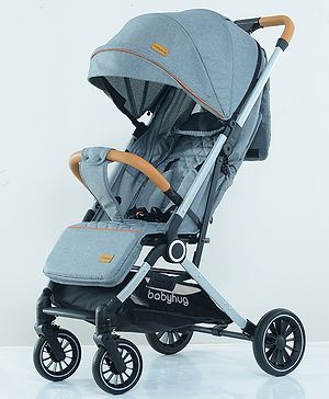 Babyhug AeroGlide Compact Fold Baby Stroller  Grey| One-Hand Fold Safety Harness Reclining Seat Concealed Linked Brake Integrated Trolley Handle Air-cabin Friendly Suspension Wheel 03 Years Grey