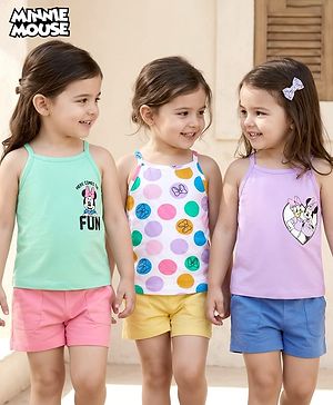 Babyhug Disney Lycra Knit Sleeveless Slips With Minnie & Friends Graphics Pack Of 3 - Lilac White & Sea Green
