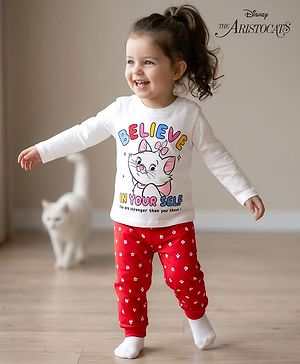 Babyhug Disney Single Jersey Knit Full Sleeves T-Shirt & Pyjama Night Suit With Marie Graphics - White & Red