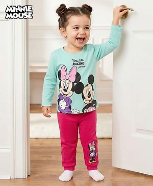 Babyhug Disney Single Jersey Knit Full Sleeve T-Shirt & Pyjama Night Suit Set with Minnie & Friends Graphic- Pink & Light Blue