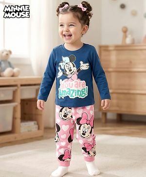 Babyhug Disney Single Jersey Knit Full Sleeves T-Shirt & Pajama Night Suit with Minnie Graphic - Multicolor