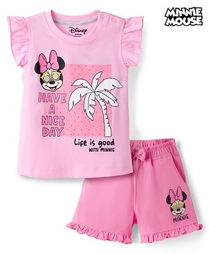 Babyhug Disney Single Jersey Knit Frill Sleeves T-Shirt & Shorts Set With Minnie Mouse Graphics - Pink