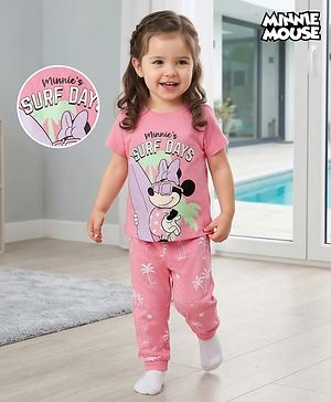 Babyhug Disney Single Jersey Knit Half Sleeve T-Shirt &  Pyjama Night Suit Set with Minnie Mouse Graphic- Pink