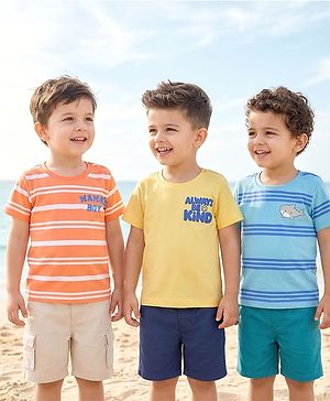 Babyhug Cotton Knit Half Sleeves Striped & Shark Printed T-Shirts Pack of 3 - Multicolor