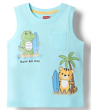 Babyhug 100% Cotton Knit Sleeveless Beach Theme & Animal Printed Tank T-Shirt - Light Blue