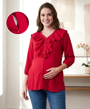 Bella Mama Woven Three Fourth Sleeves
                              Solid Colour Maternity Top with Ruffle
                              Detailing - Maroon