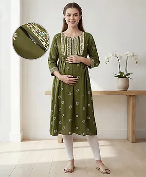 Bella Mama Woven Three Fourth Sleeves
                              Maternity Kurta With Floral Embroidery
                              & Printed Yoke - Olive Green