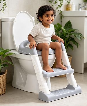 Babyhug Ladder Potty Seat - Grey White| Comfortable & Secure Training Seat| Anti-Slip Base| Easy to Clean| Lightweight Design| Easy to Assemble| Fits All Regular Commodes
