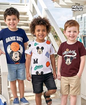 Babyhug Disney Single Jersey Knit Half Sleeves T-Shirts with Mickey Mouse Graphic Pack of 3 - Navy Blue White & Maroon