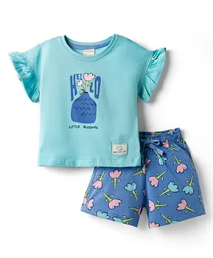 CUCUMBER Knitted Half Sleeves Top
                              & Shorts Night Suit With Floral Print
                              - Light Blue