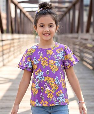 Pine Kids Cotton Knit Half Flutter Sleeves Floral Printed Top  - Lilac, Blue & Yellow
