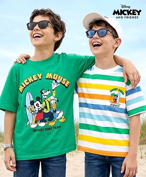 Pine Kids Disney 100% Cotton Knit Drop Shoulder Half Sleeves T-Shirts With Mickey Mouse & Friends Graphics Pack of 2- Multicolour