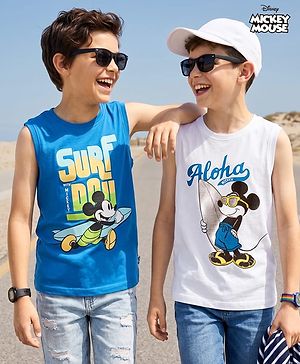 Pine Kids Disney Single Jersey Knit Sleeveless Tank T-Shirts with Mickey Mouse & Friends Graphic & Foil Detailing Pack of 2 - White & Blue
