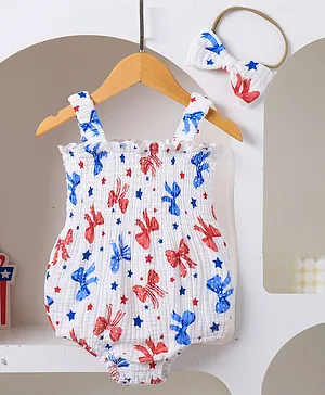 Mark & Mia Cotton Sleeveless
                              Onesie with Hairband & Bow Print -
                              White