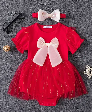 Mark & Mia Half Puffed Sleeves
                              Frock Style Onesie with Headband & Bow
                              Applique - Red