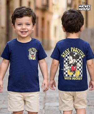 Babyhug Disney 100% Cotton Knit Half Sleeves T-Shirt With Front & Back Mickey Mouse Graphic - Navy Blue