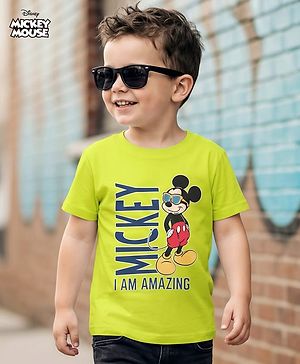 Babyhug Disney 100% Cotton Knit Half Sleeves T-Shirt With Mickey Mouse Graphic - Limegreen