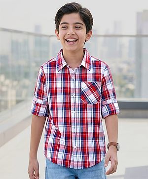 Pine Kids 100% Cotton Woven Full Sleeves Checks Shirt - Red