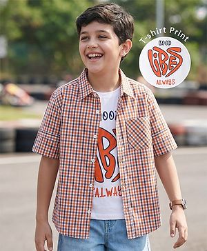 Pine Kids 100% Cotton Woven Full Sleeves Checks Shirt & Sleeveless Tank T-Shirt With Text  Print - Multicolour