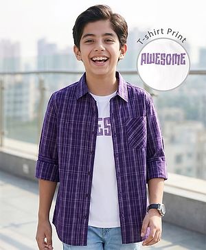 Pine Kids 8-9Y Male Purple 100% Cotton Woven Full Sleeves Checks Shirt With Sleeveless Tank T-Shirt