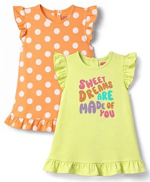 Babyhug Cotton Knit Sleeveless Nighties With Polka Dots With Text Print Pack of 2 - Multicolor