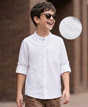 Pine Kids Cotton Woven Full Sleeves Mandarin Collar Solid Shirt - White