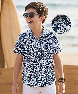 Pine Kids Cotton Knit Half Sleeves Floral Printed Shirt - Blue