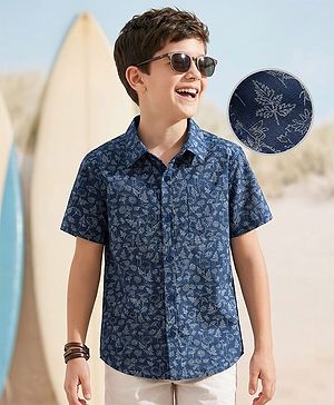 Pine Kids Cotton Knit Half Sleeves Shirt With Floral Printed - Navy Blue