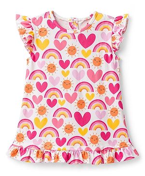 Babyhug Cotton Knit Sleeveless Rainbow & Hearts Printed Nighty - White