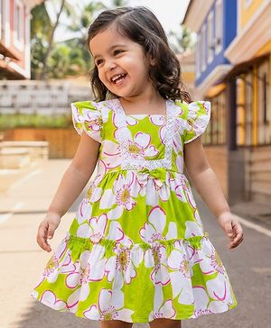 Babyhug 100% Rayon Woven Frill Sleeves Floral Printed Frock - White & Lime Green
