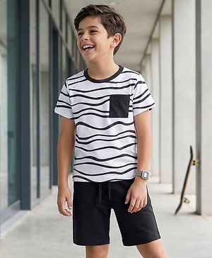 Pine Kids Single Jersey Knit Half Sleeves Printed T-Shirt & Shorts Night Suit - White