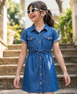 Pine Kids Cotton Woven Half Sleeves Solid Colour Shirt Style Dress - Blue