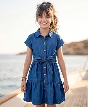 Pine Kids Cotton Woven Half Sleeves Solid Shirt Dress - Blue