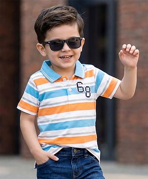 Babyhug Cotton Knit Half Sleeves Striped Number Embroidery Polo T-Shirt - MultiColour