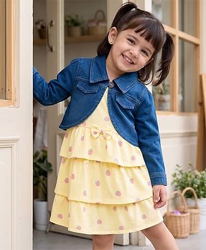 Babyhug 100% Cotton Knit Full Sleeves Strawberry Printed Layered Frock With Jacket - Yellow