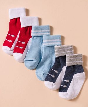 Cute Walk by Babyhug Non Terry Knit Antibacterial Ankle Length Socks With Design Pack of 3 - Red Light Blue & Navy Blue