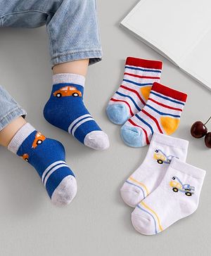 Cute Walk by Babyhug Non Terry Cotton Knit Anti Bacterial Ankle Length Socks With Stripes & Vehicles Design Pack of 3 - Multicolour
