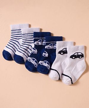 Cute Walk by Babyhug Non Terry Knit Antibacterial Ankle Length Socks With Vehicle Design Pack of 3 - White & Navy Blue